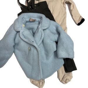 Baby boy 12m Charming Blue Baby Coat with Beige onesie and Black Overalls bundle